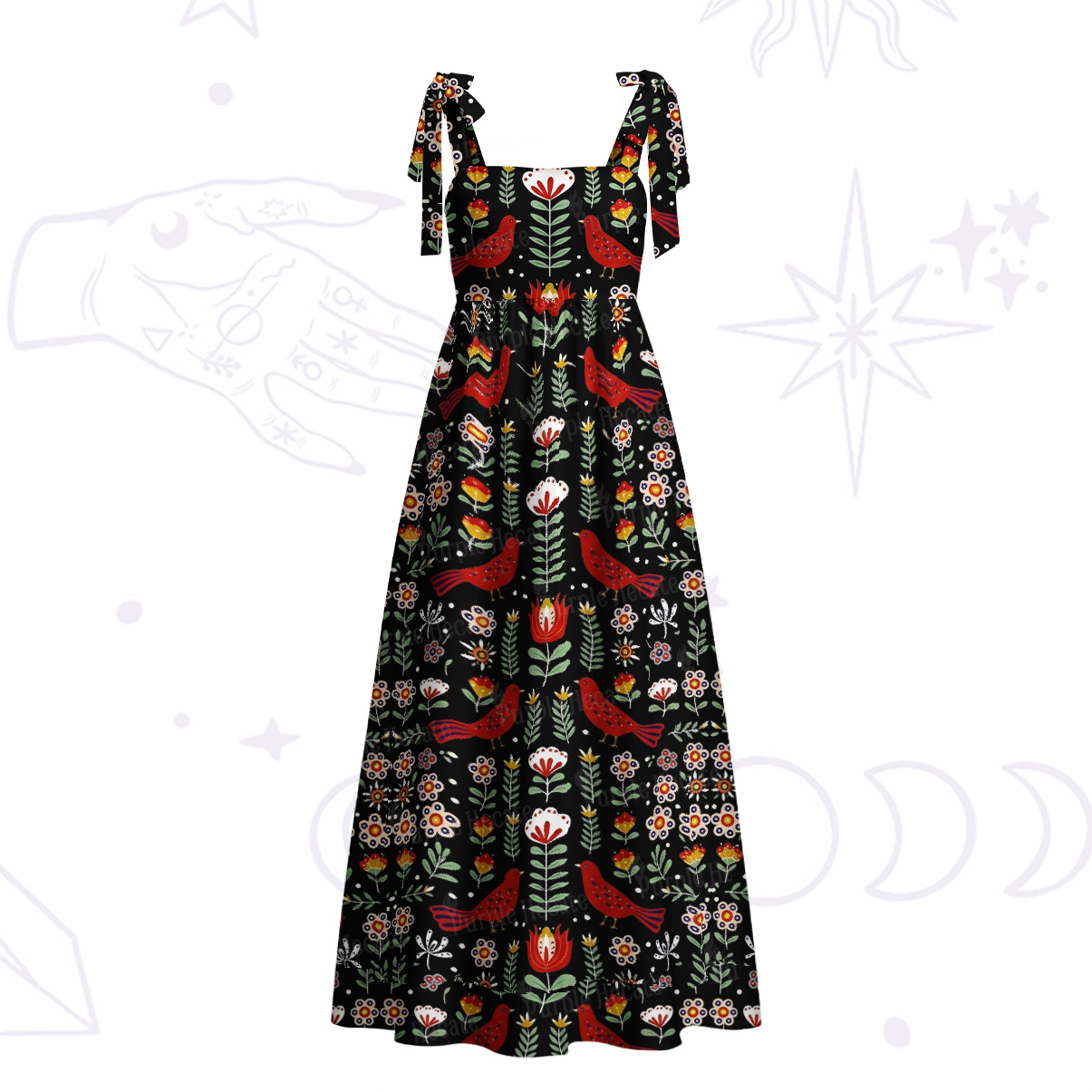 Purplehecate Mystic Forest Bird Tie Shoulder Maxi Dress