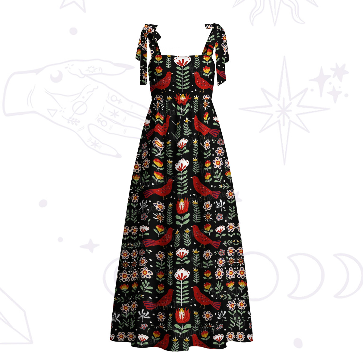 Purplehecate Mystic Forest Bird Tie Shoulder Maxi Dress
