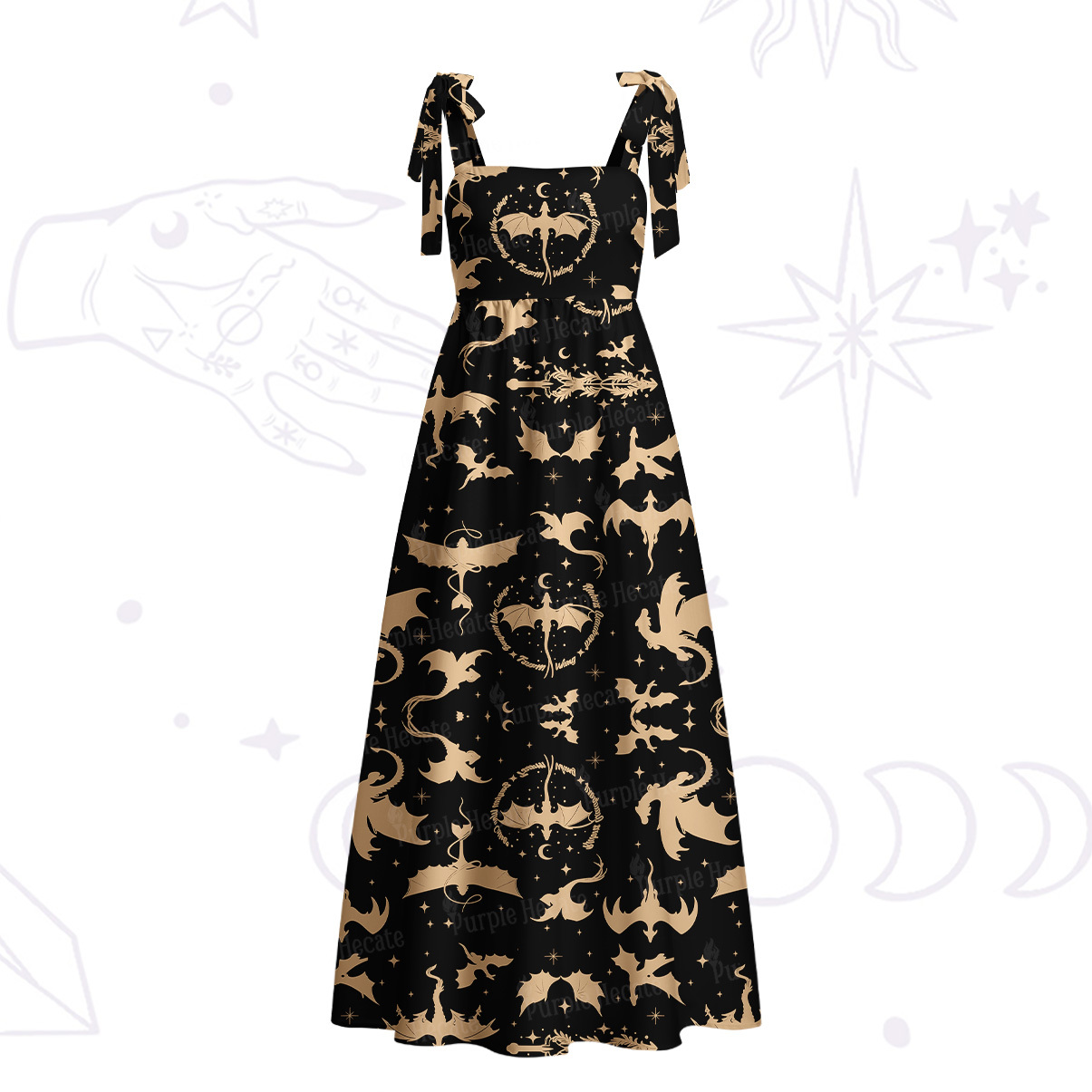 Purplehecate Fantasy Dragon Allover Tie Shoulder Maxi Dress