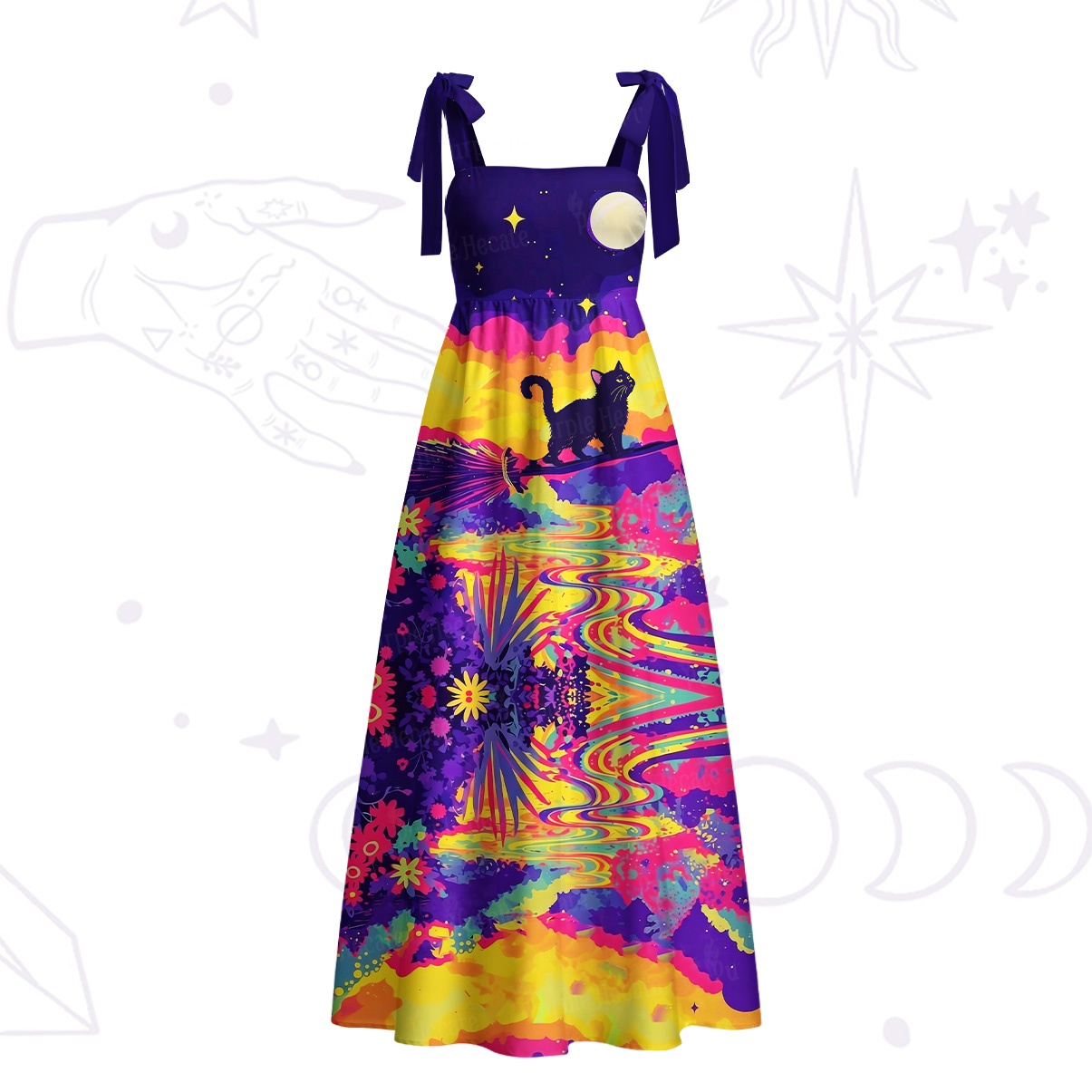 Purplehecate Midnight Cosmic Cat Fantasy Tie Shoulder Maxi Dress