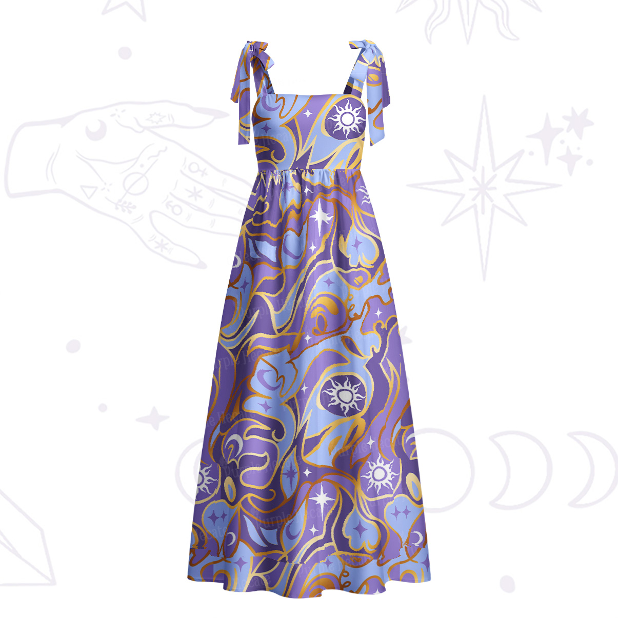 Purplehecate Divination Night Print Tie Shoulder Maxi Dress