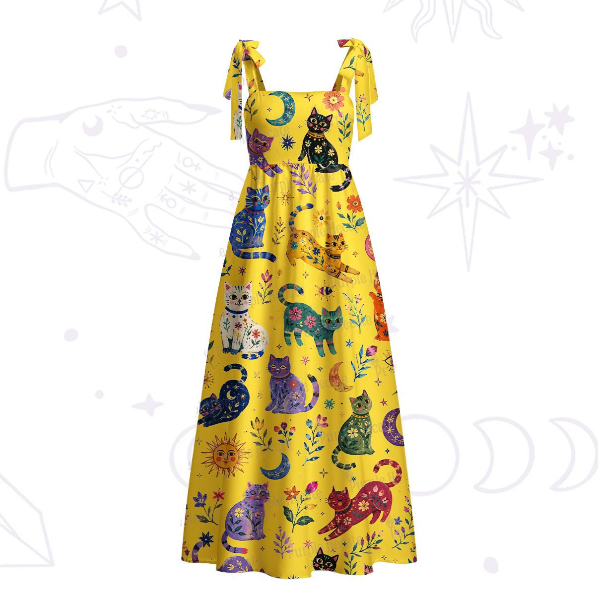 Purplehecate Rainbow Magic Cats Tie Shoulder Maxi Dress