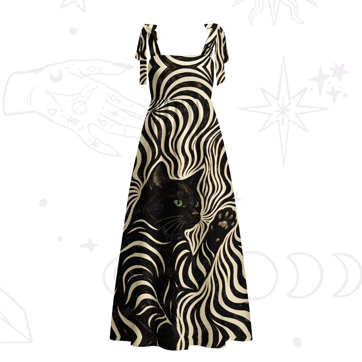 Purplehecate Psychedelic Cat Tie Shoulder Maxi Dress