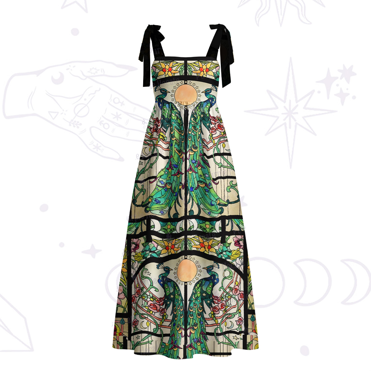 Purplehecate Mystic Peacock Stained Glass Tie Shoulder Maxi Dress