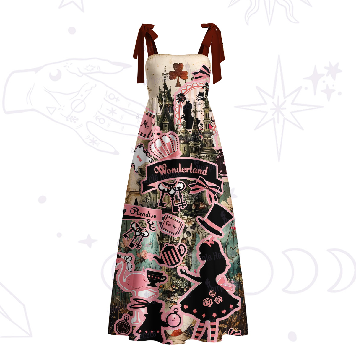 Purplehecate Wonderland Alice’s Tea Party Tie Shoulder Maxi Dress