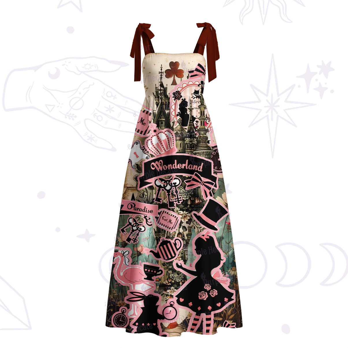 Purplehecate Wonderland Alice’s Tea Party Tie Shoulder Maxi Dress