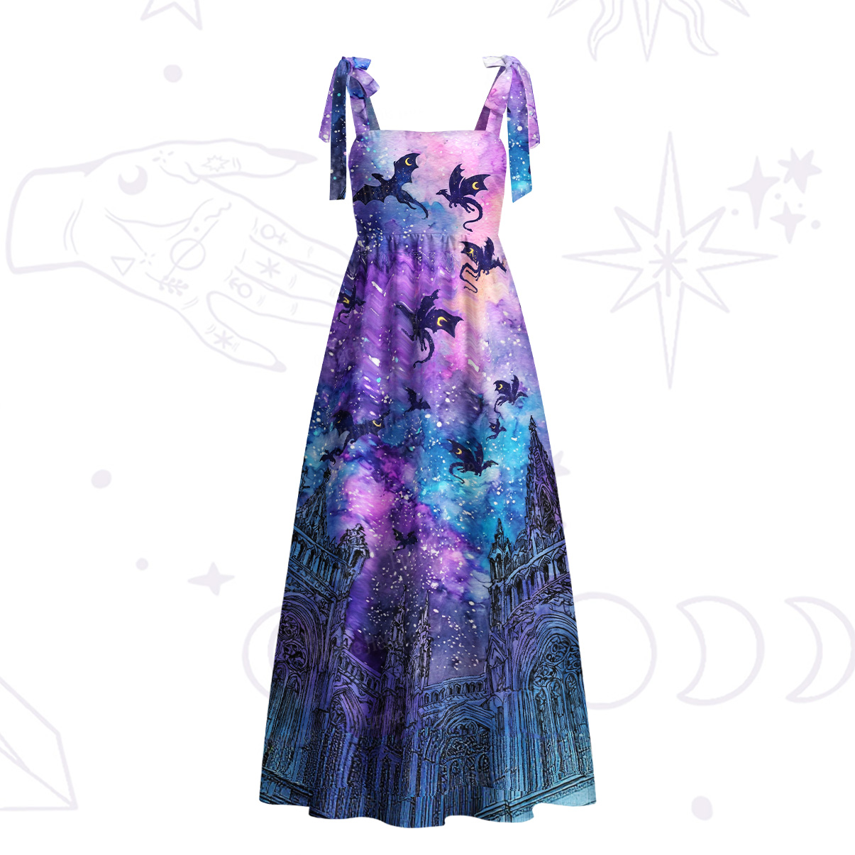 Purplehecate Cosmic Dragon Gothic Cathedra Tie Shoulder Maxi Dress