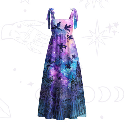 Purplehecate Cosmic Dragon Gothic Cathedra Tie Shoulder Maxi Dress
