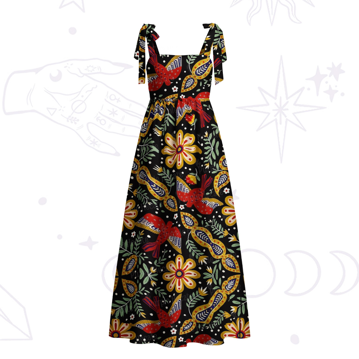 Purplehecate Midnight Tropical Rhapsody Tie Shoulder Maxi Dress