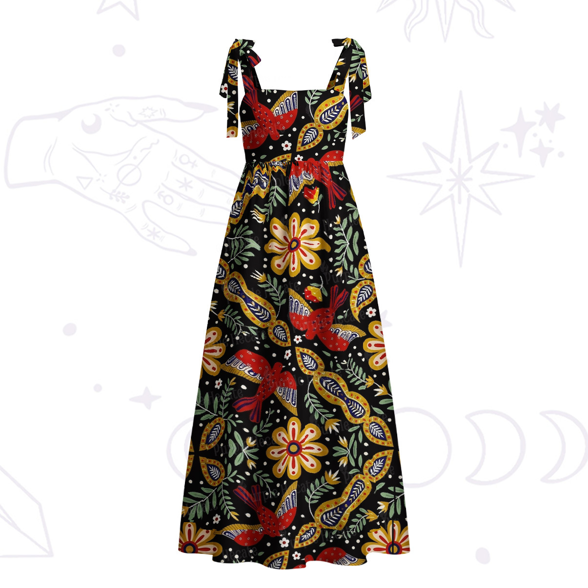 Purplehecate Midnight Tropical Rhapsody Tie Shoulder Maxi Dress