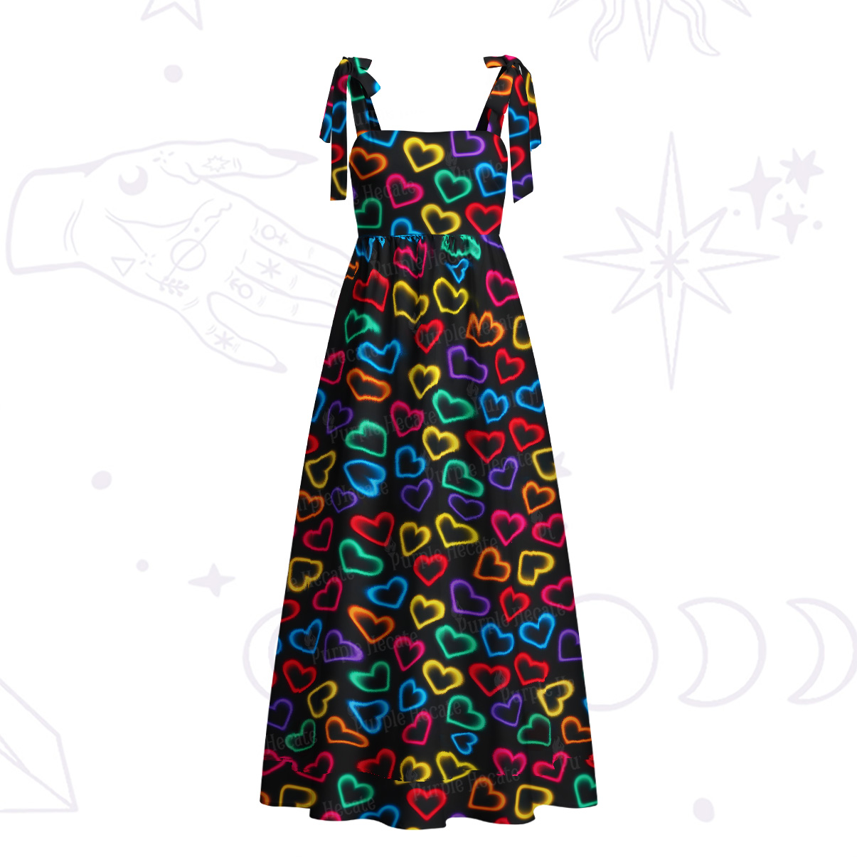 Purplehecate Neon Heart Tie Shoulder Maxi Dress