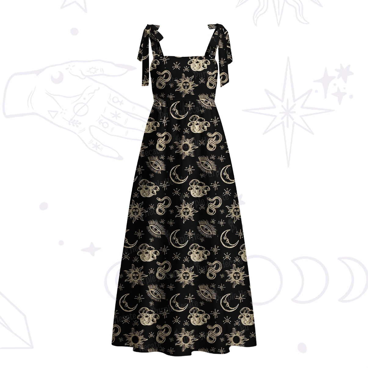 Purplehecate Celestial Moon Serpent Tie Shoulder Maxi Dress