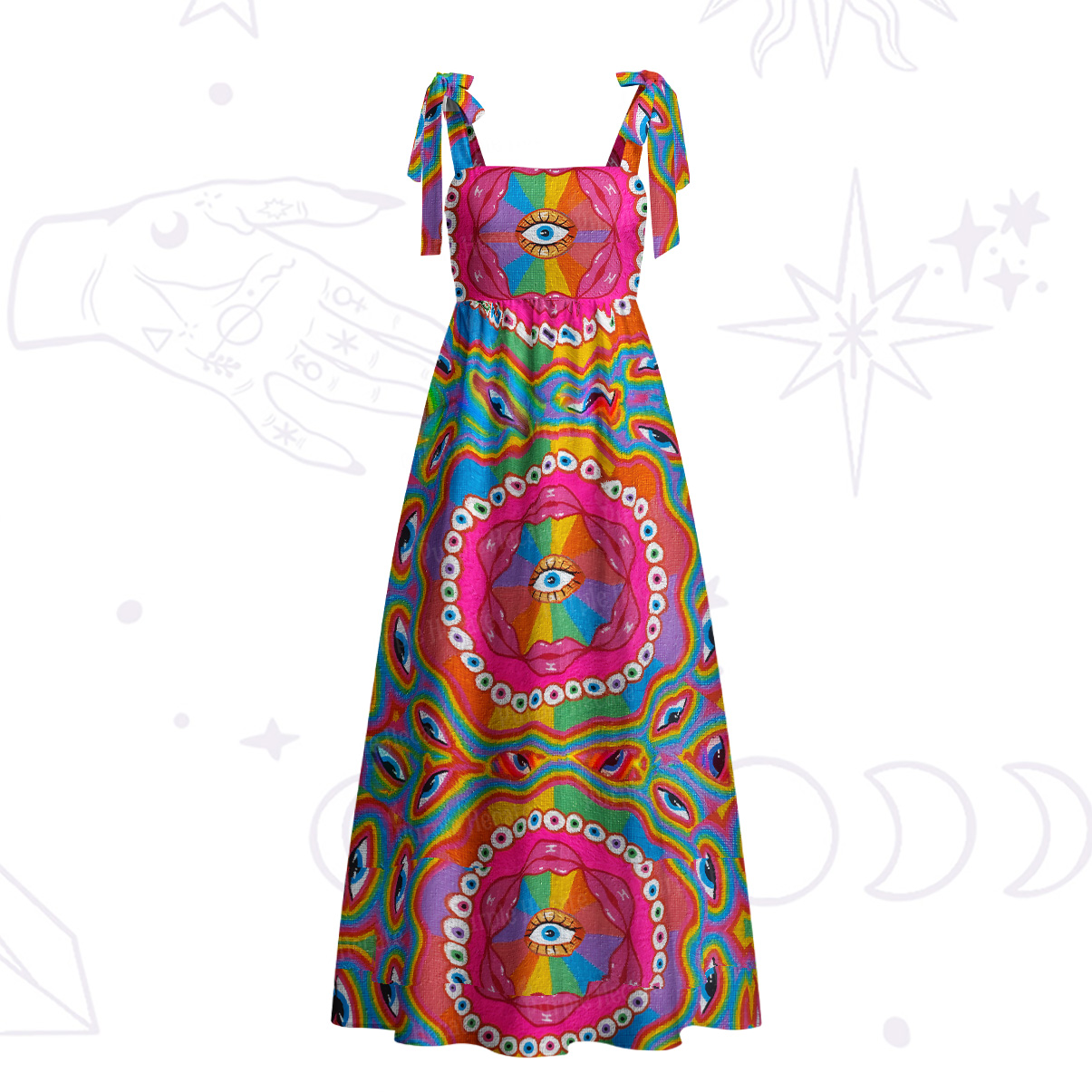 Purplehecate Chromatic Dreamwave Eye Tie Shoulder Maxi Dress
