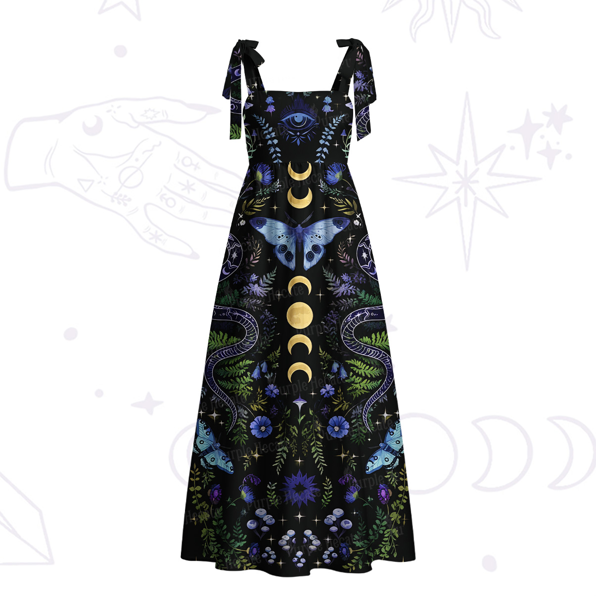 Purplehecate Moon Moth Witchery Tie Shoulder Maxi Dress