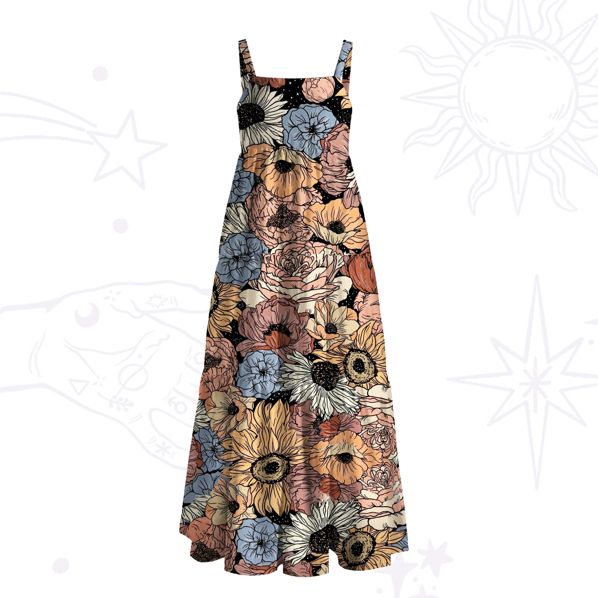 Purplehecate Vintage Bloom Garden Wide Straps Maxi Dress