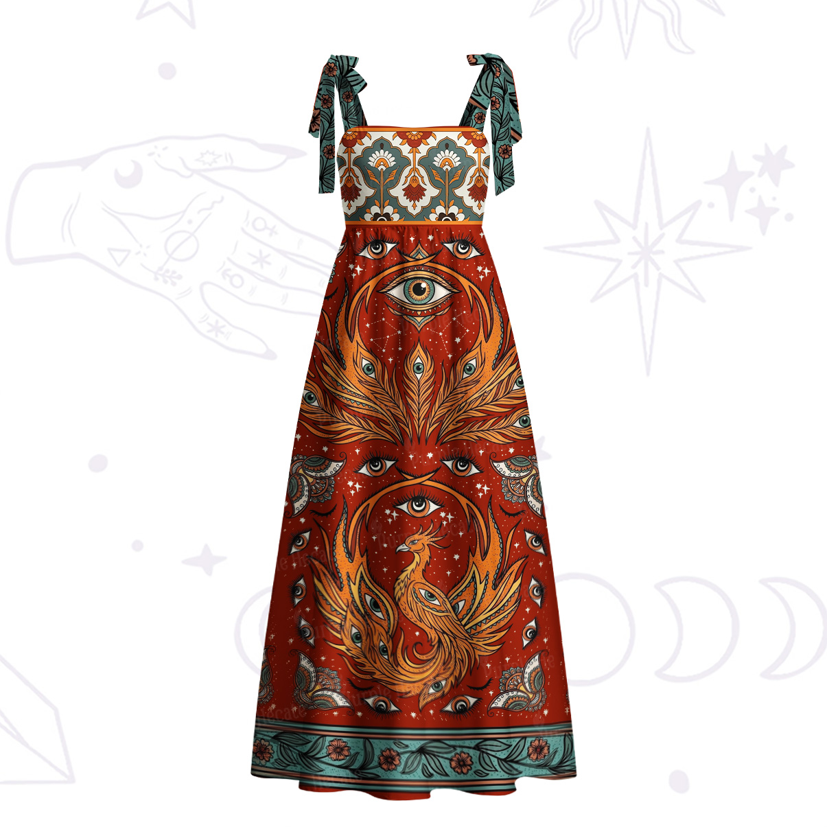 Purplehecate Rising Phoenix Eye Woven Throw Tie Shoulder Maxi Dress