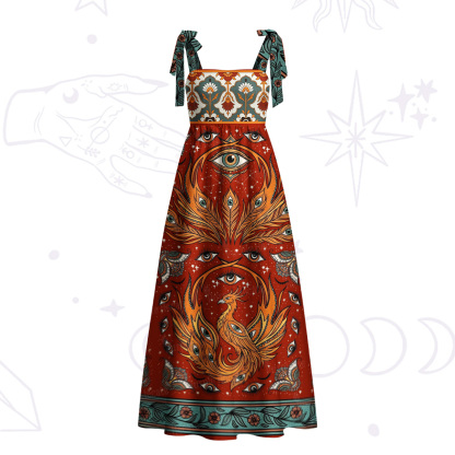Purplehecate Rising Phoenix Eye Woven Throw Tie Shoulder Maxi Dress