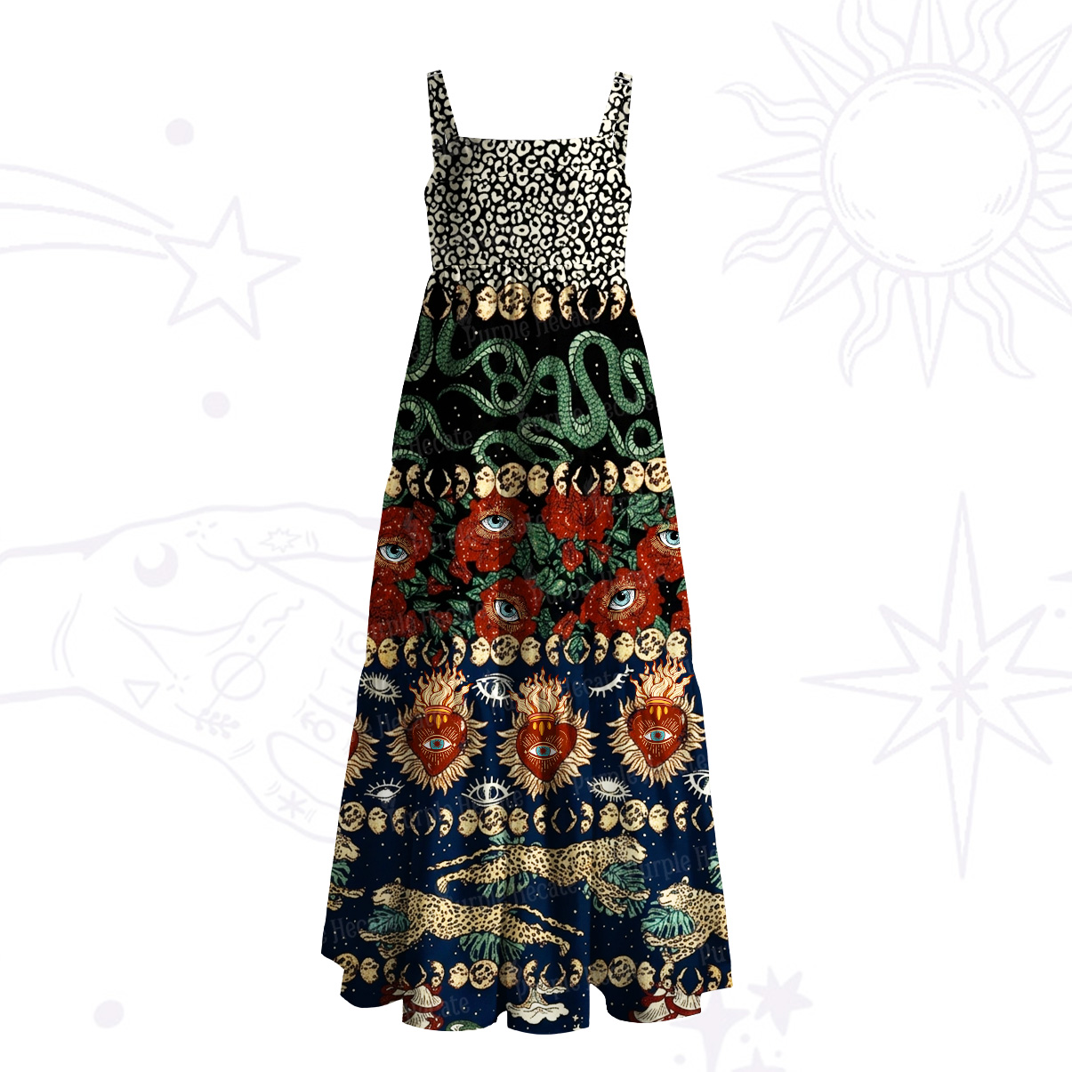Purplehecate Gothic Leopard Mushroom Snake Wide Straps Maxi Dress