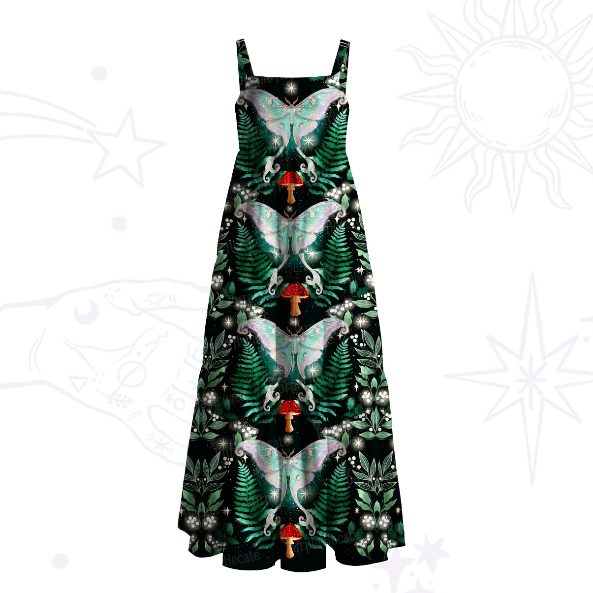 Purplehecate Enchanted Forest Moth Wide Straps Maxi Dress
