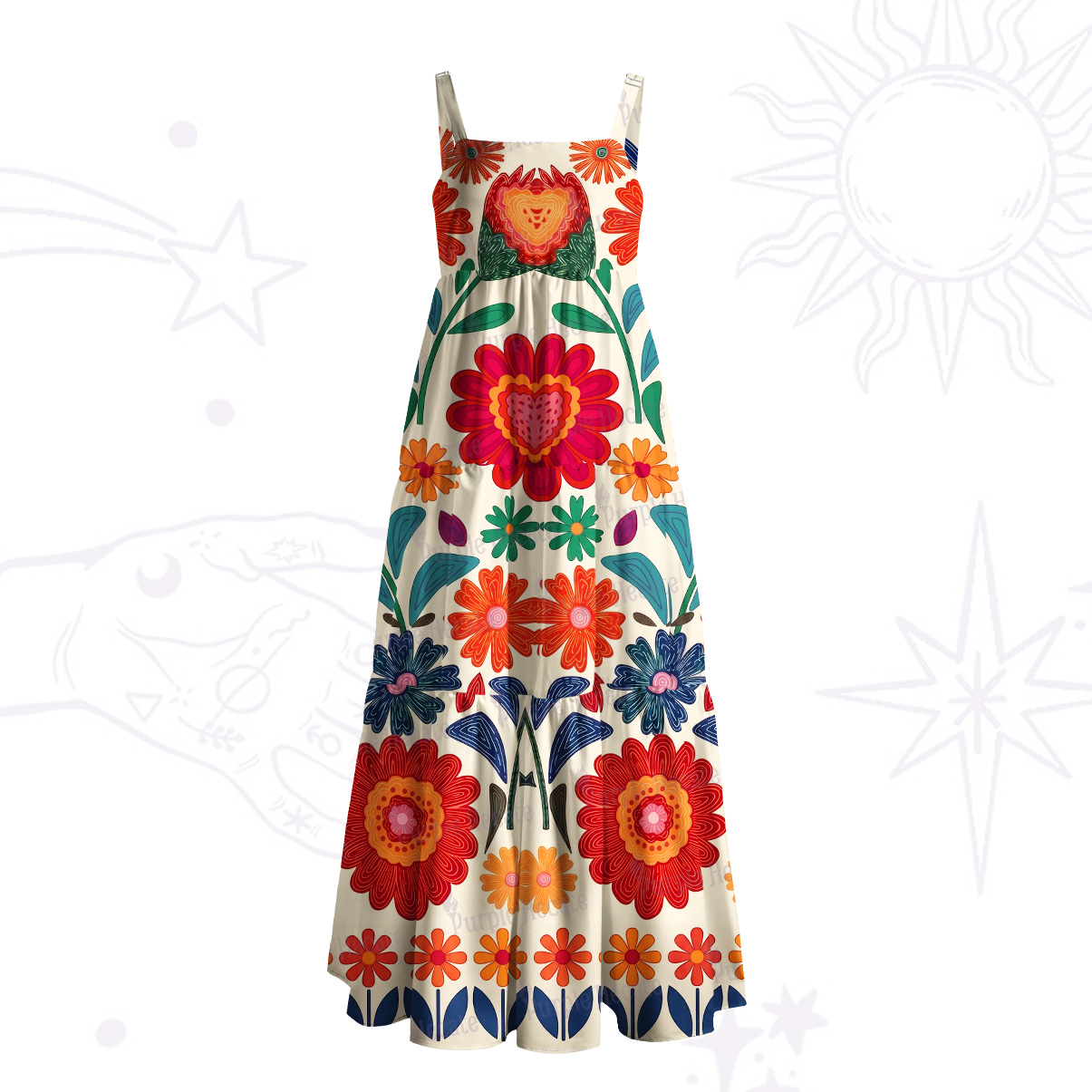 Purplehecate Retro Bloom Folk Floral Wide Straps Maxi Dress