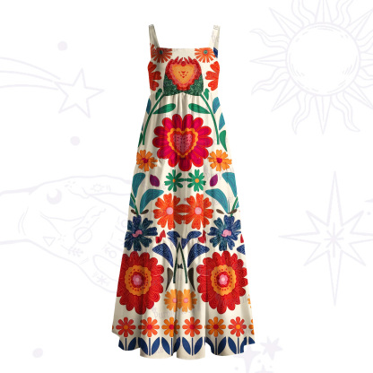 Purplehecate Retro Bloom Folk Floral Wide Straps Maxi Dress