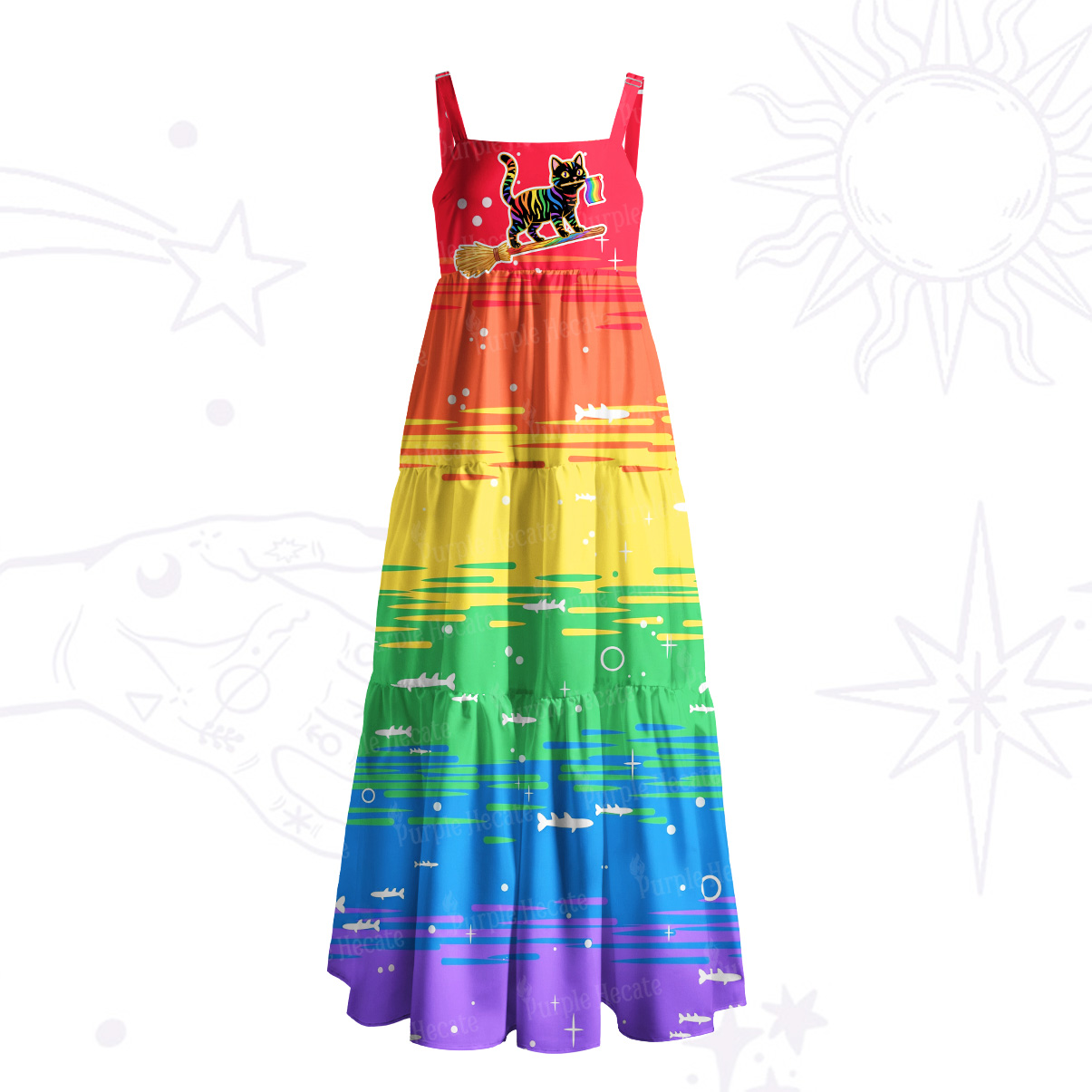 Purplehecate Pride Waves Rainbow Witch Cat Wide Straps Maxi Dress