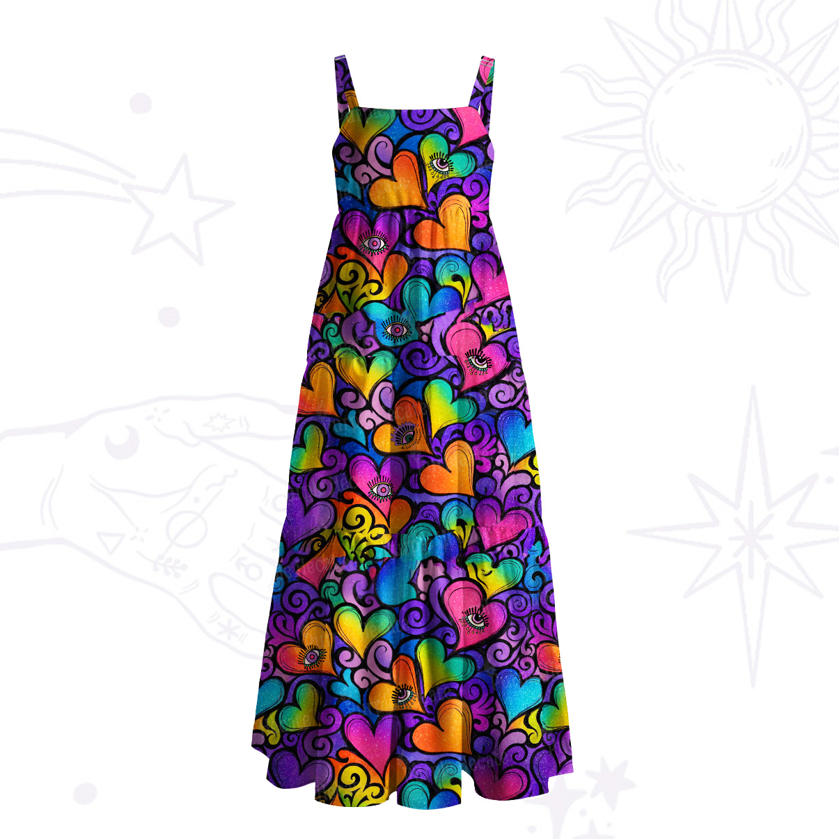 Purplehecate Psychedelic Pride Hearts Wide Straps Maxi Dress