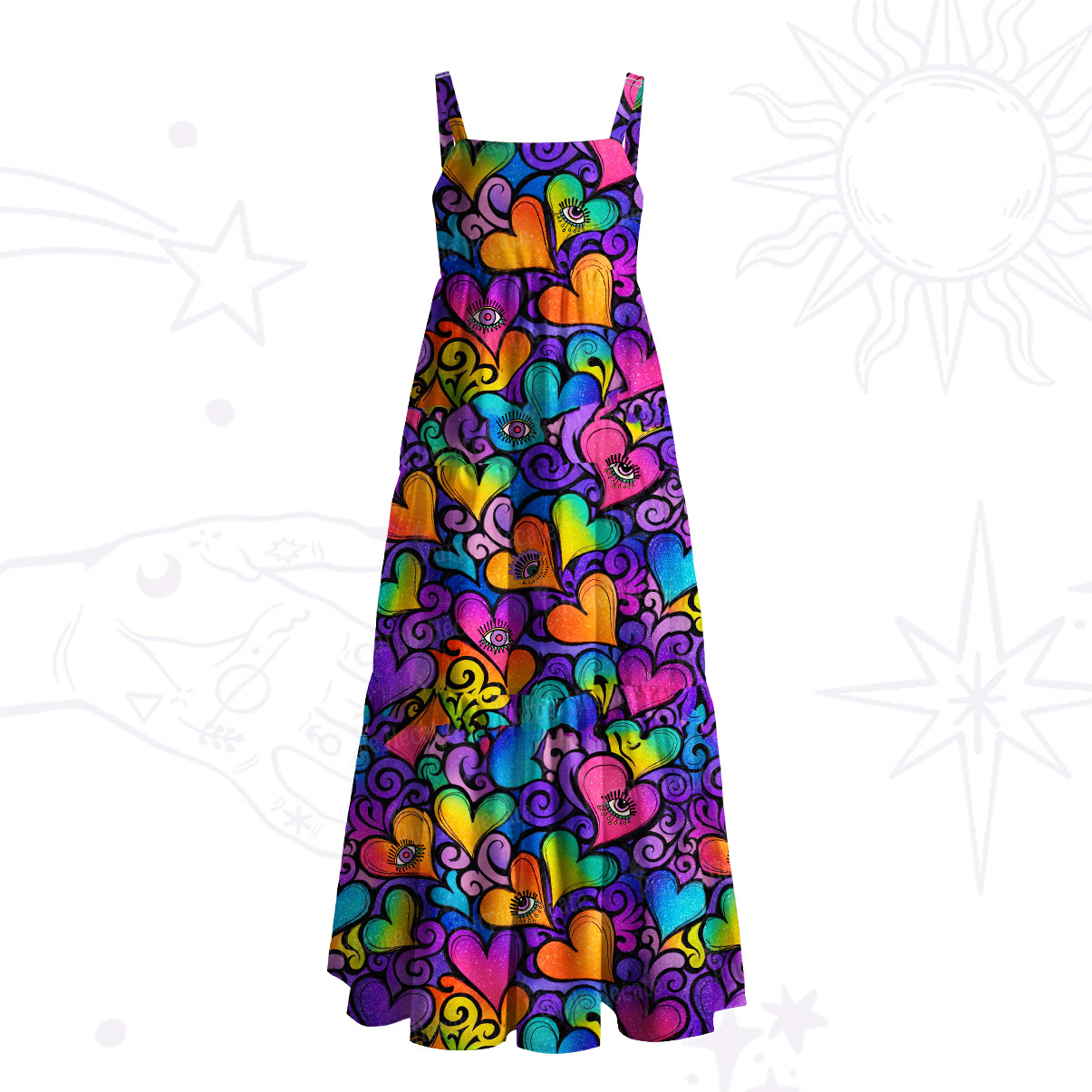 Purplehecate Psychedelic Pride Hearts Wide Straps Maxi Dress