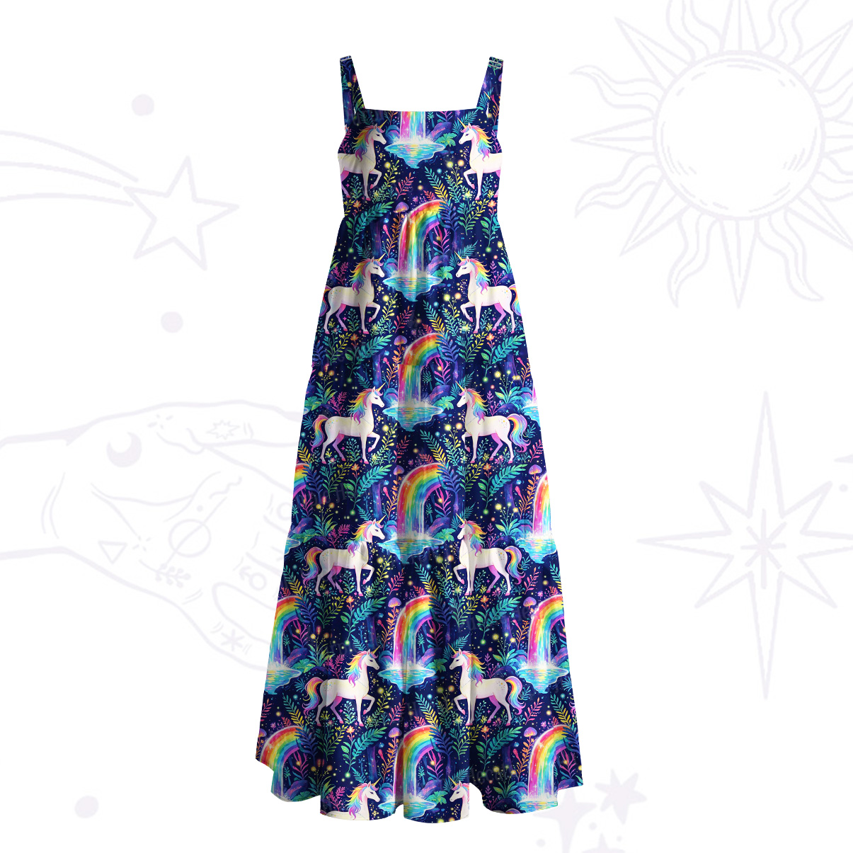 Purplehecate Rainbow Forest Unicorn Magic Wide Straps Maxi Dress