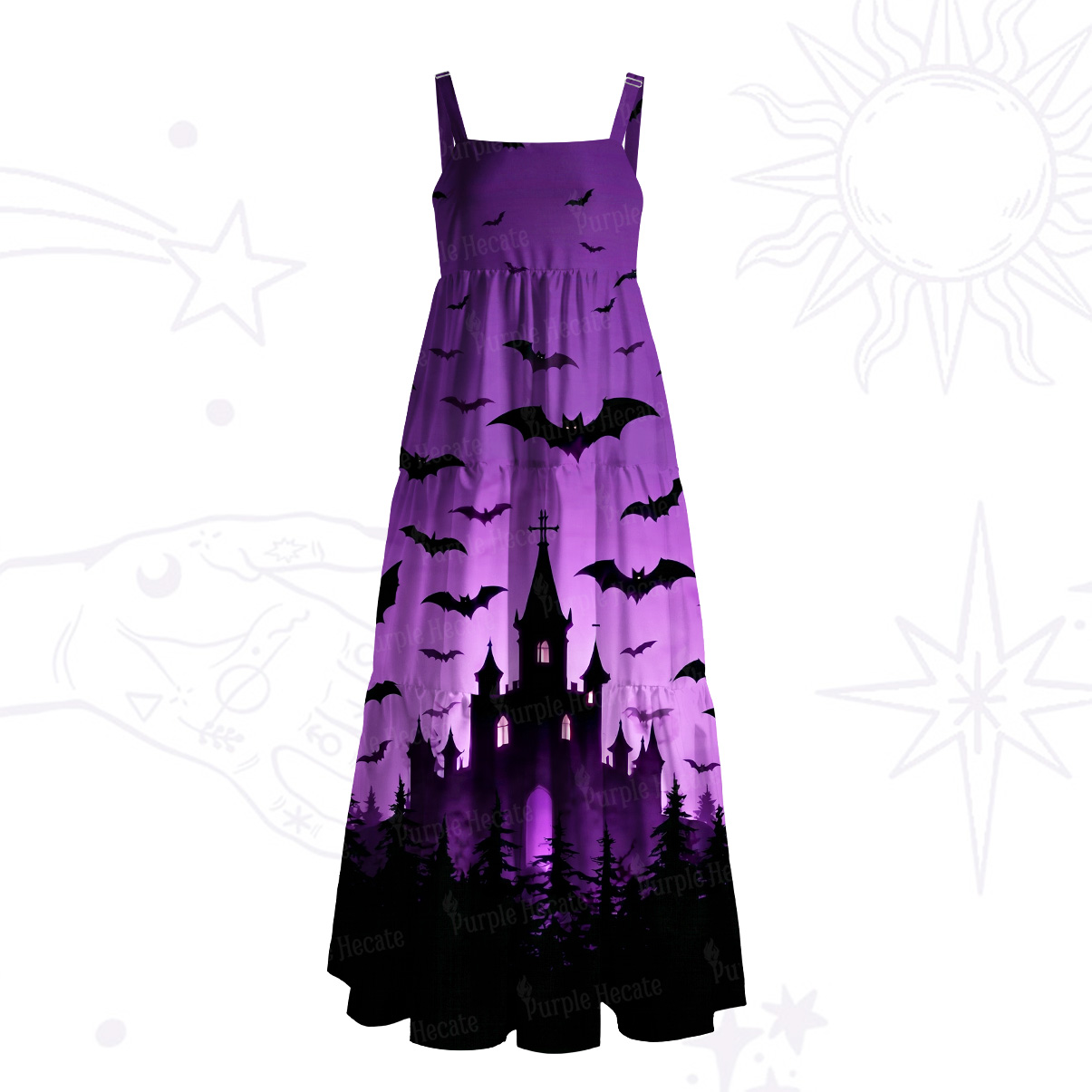 Purplehecate Spooky Night Bat Kingdom Wide Straps Maxi Dress