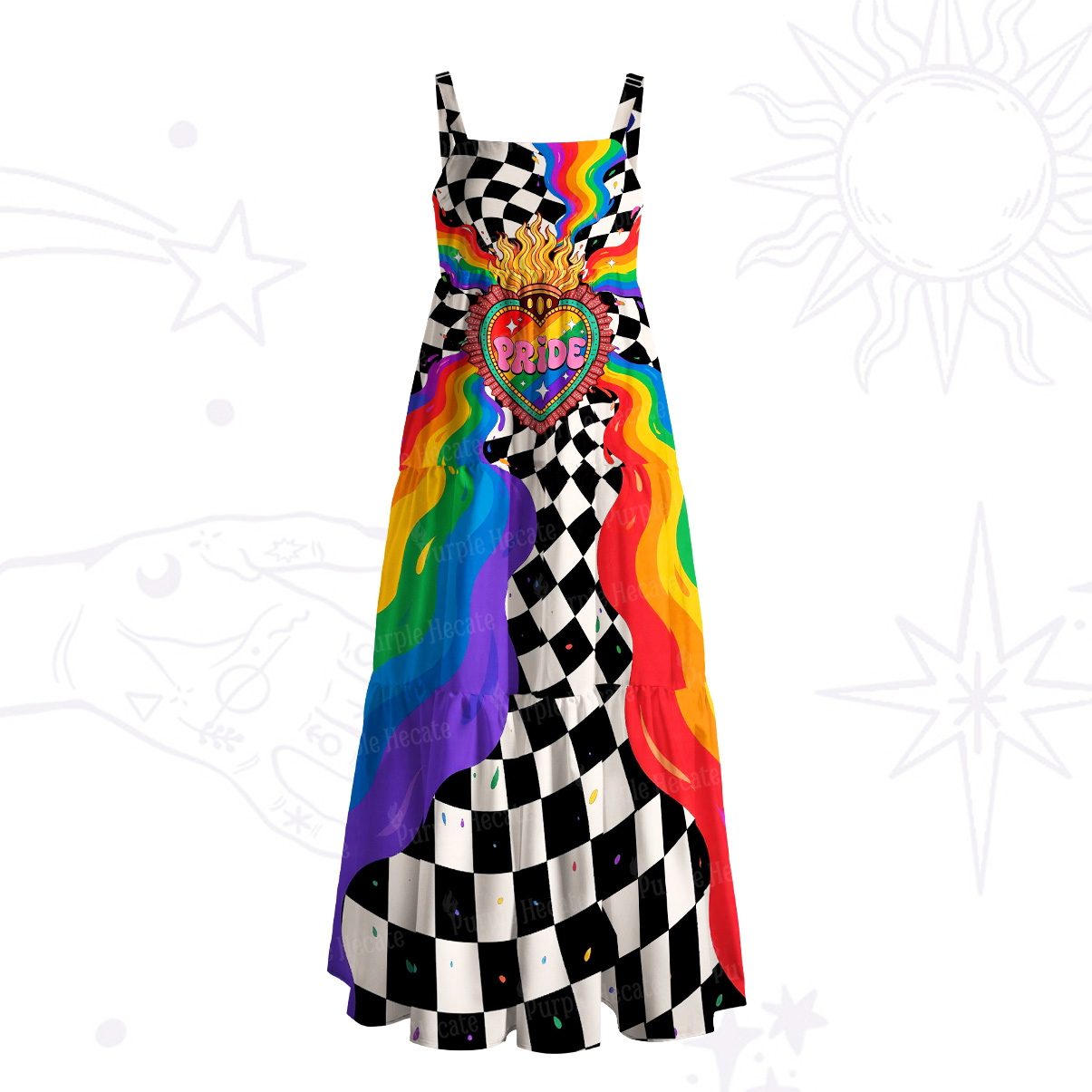 Purplehecate Trippy Rainbow Pride Heart Wide Straps Maxi Dress