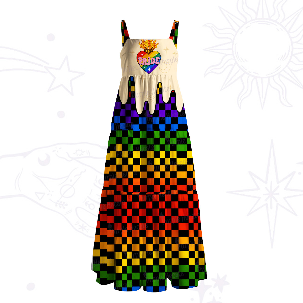 Purplehecate Pride Heart Rainbow Chessboard Wide Straps Maxi Dress