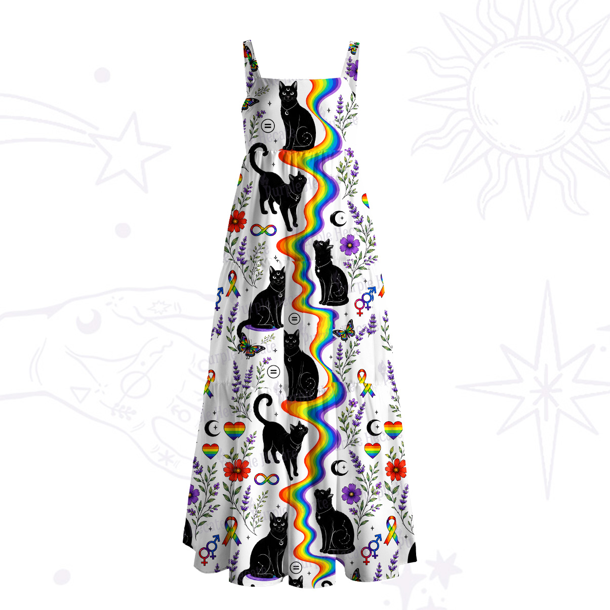 Purplehecate Rainbow Witch Cat Parade Wide Straps Maxi Dress