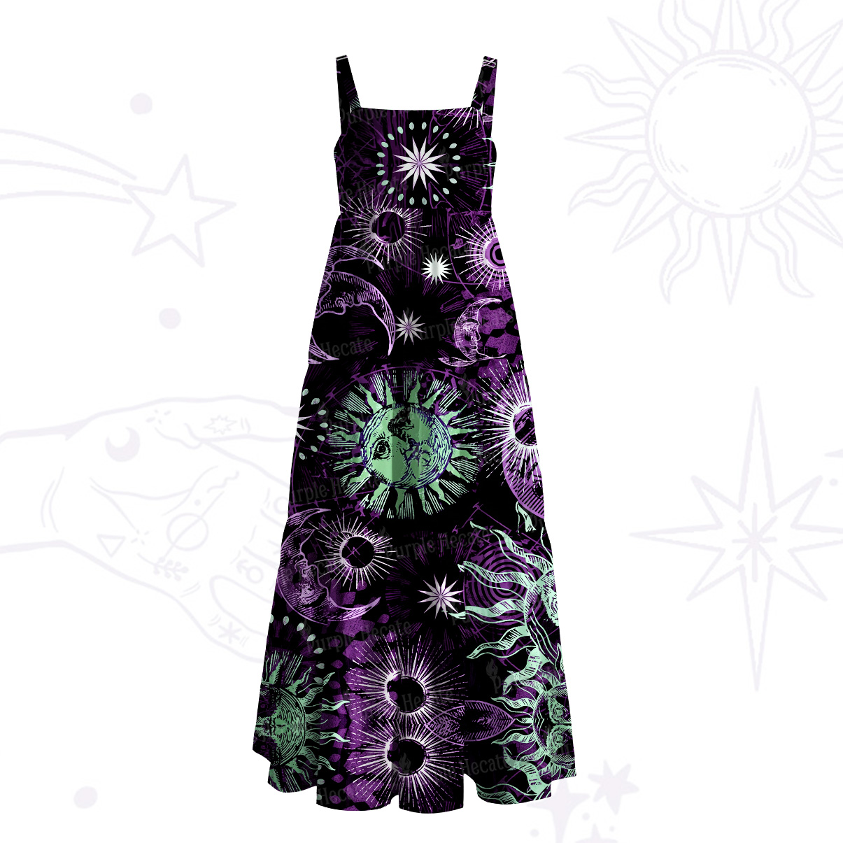 Purplehecate Starbound Celestial Sun & Moon Wide Straps Maxi Dress