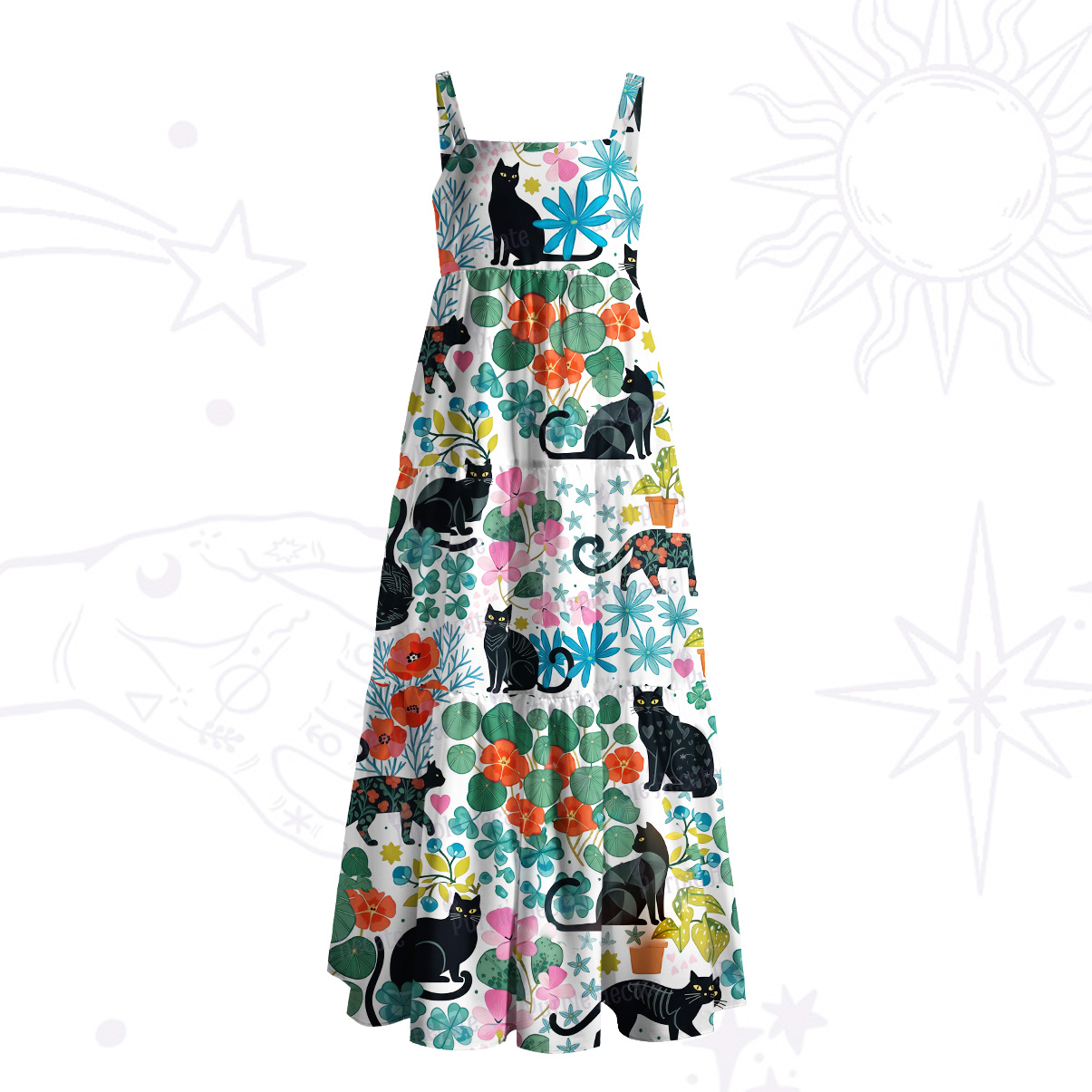 Purplehecate Mystic Meadow Black Cats Wide Straps Maxi Dress