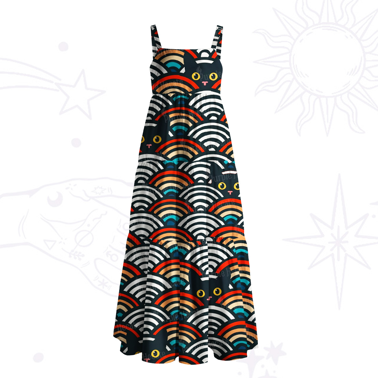 Purplehecate Rainbow Black Cat Waves Wide Straps Maxi Dress