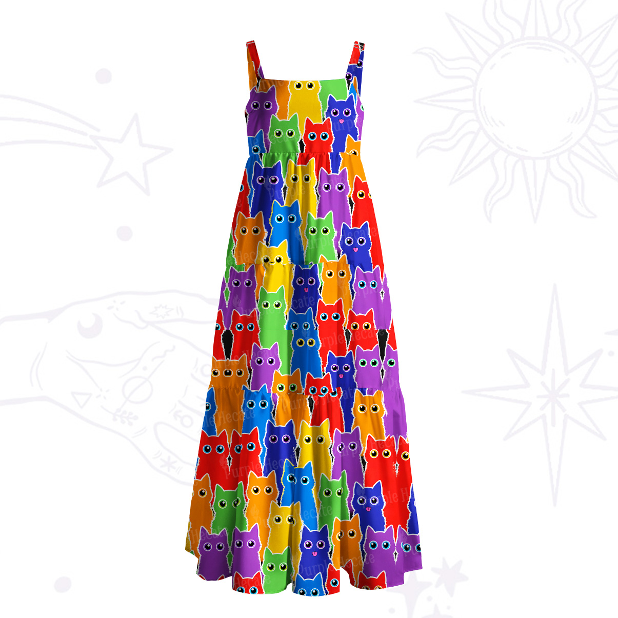 Purplehecate Rainbow Cat Wide Straps Maxi Dress