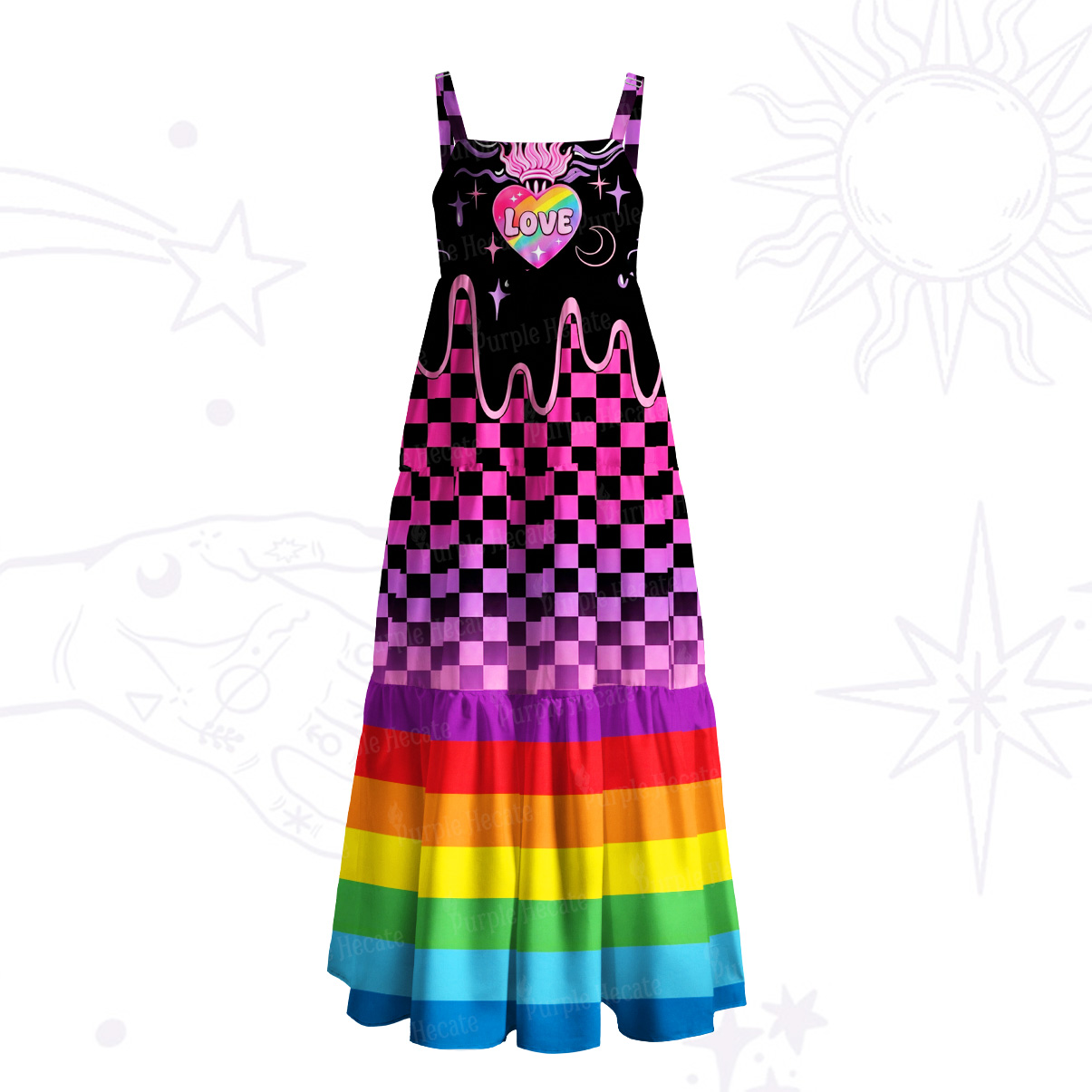 Purplehecate Rainbow Lovewave Checker Wide Straps Maxi Dress