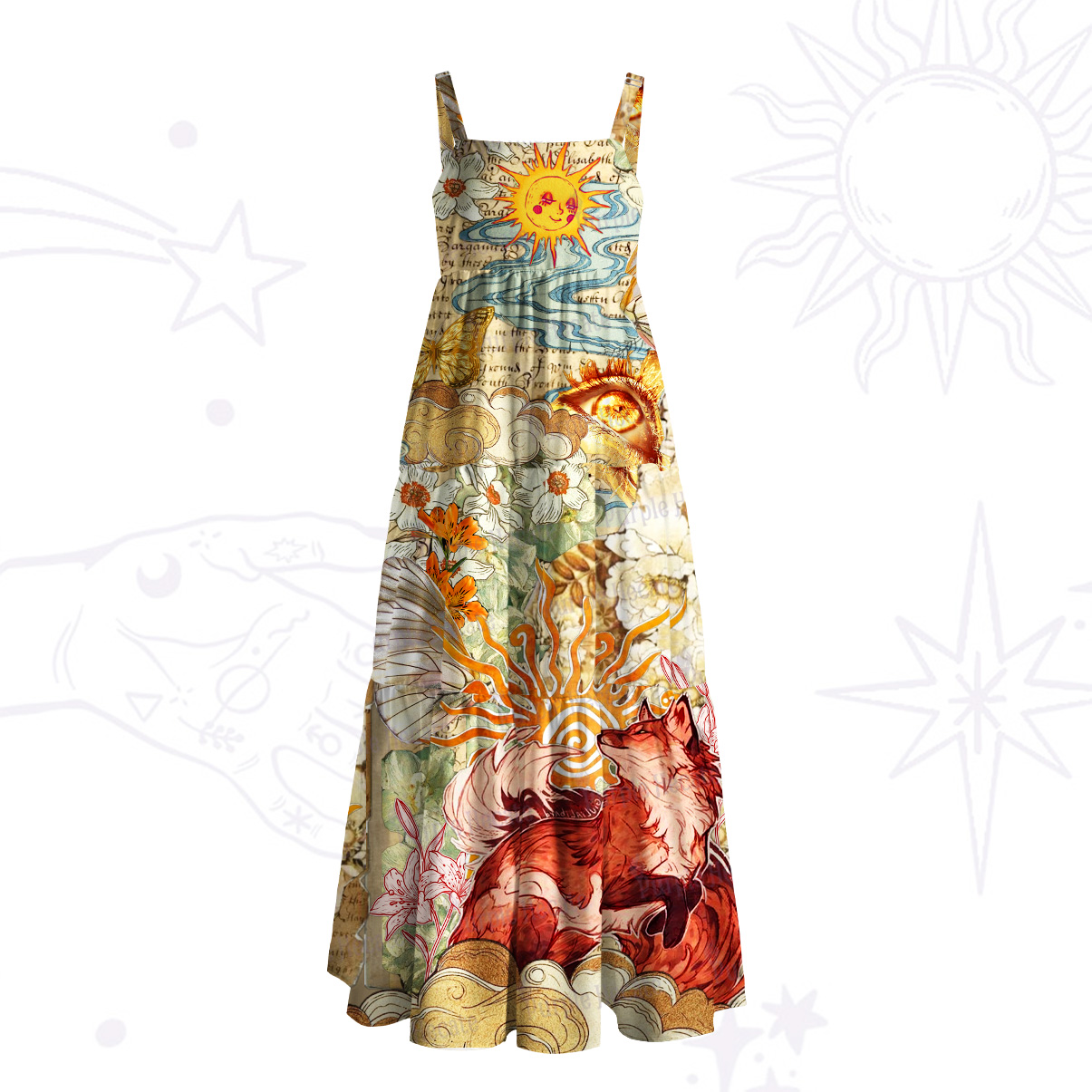 Purplehecate Mystic Sun Spirit Fox Dreamscape Wide Straps Maxi Dress