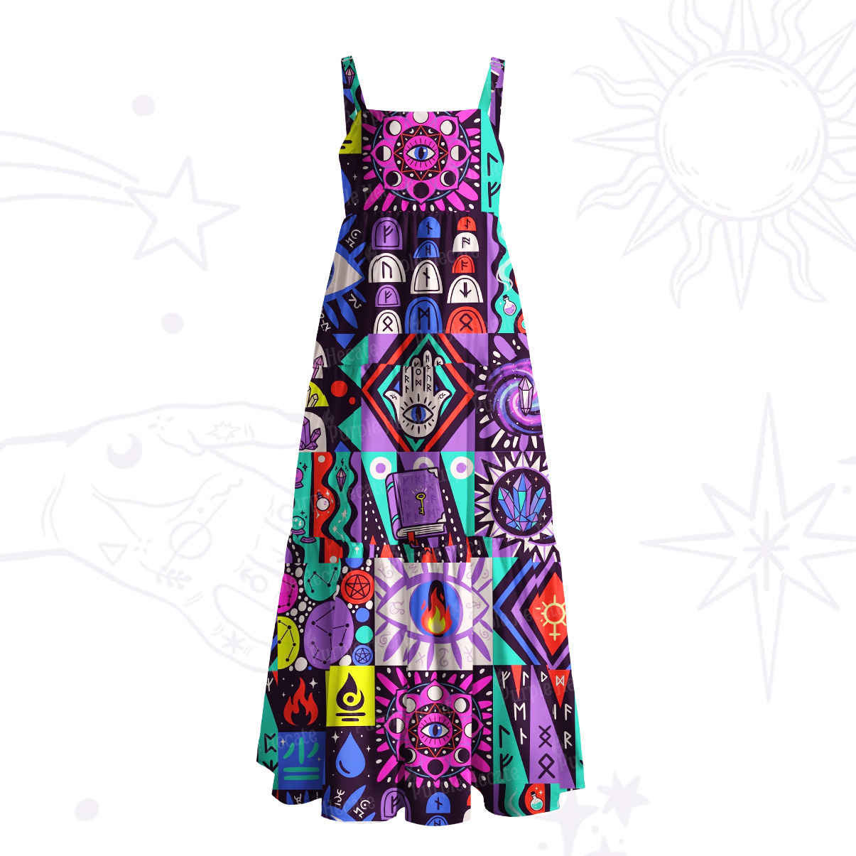 Purplehecate Mystic Symbols Patchwork Wide Straps Maxi Dress
