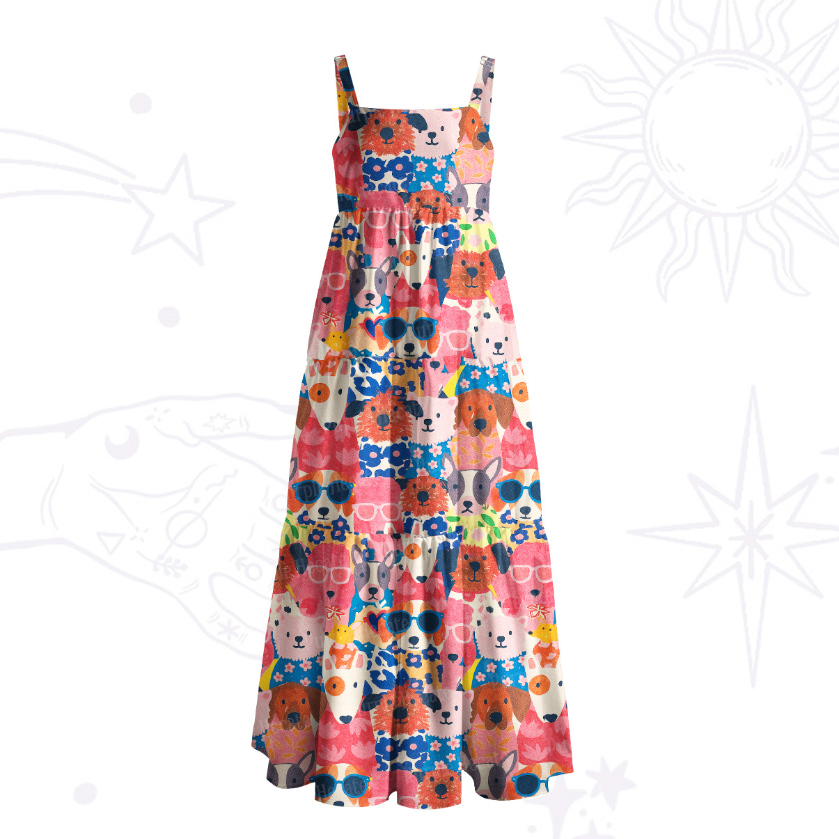 Purplehecate Happy Dog Faces Wide Straps Maxi Dress