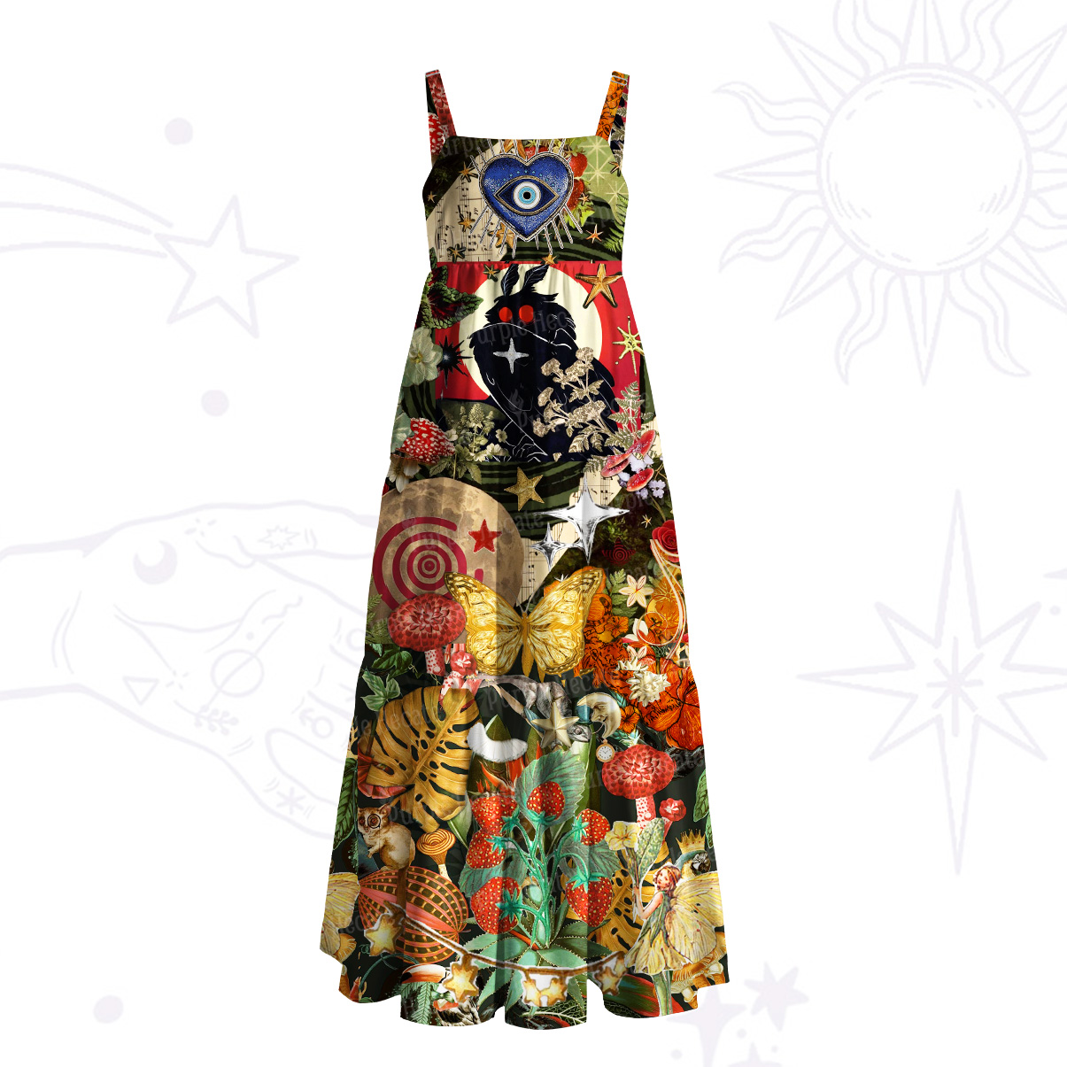 Purplehecate Mystic Jungle Creatures Collage Wide Straps Maxi Dress