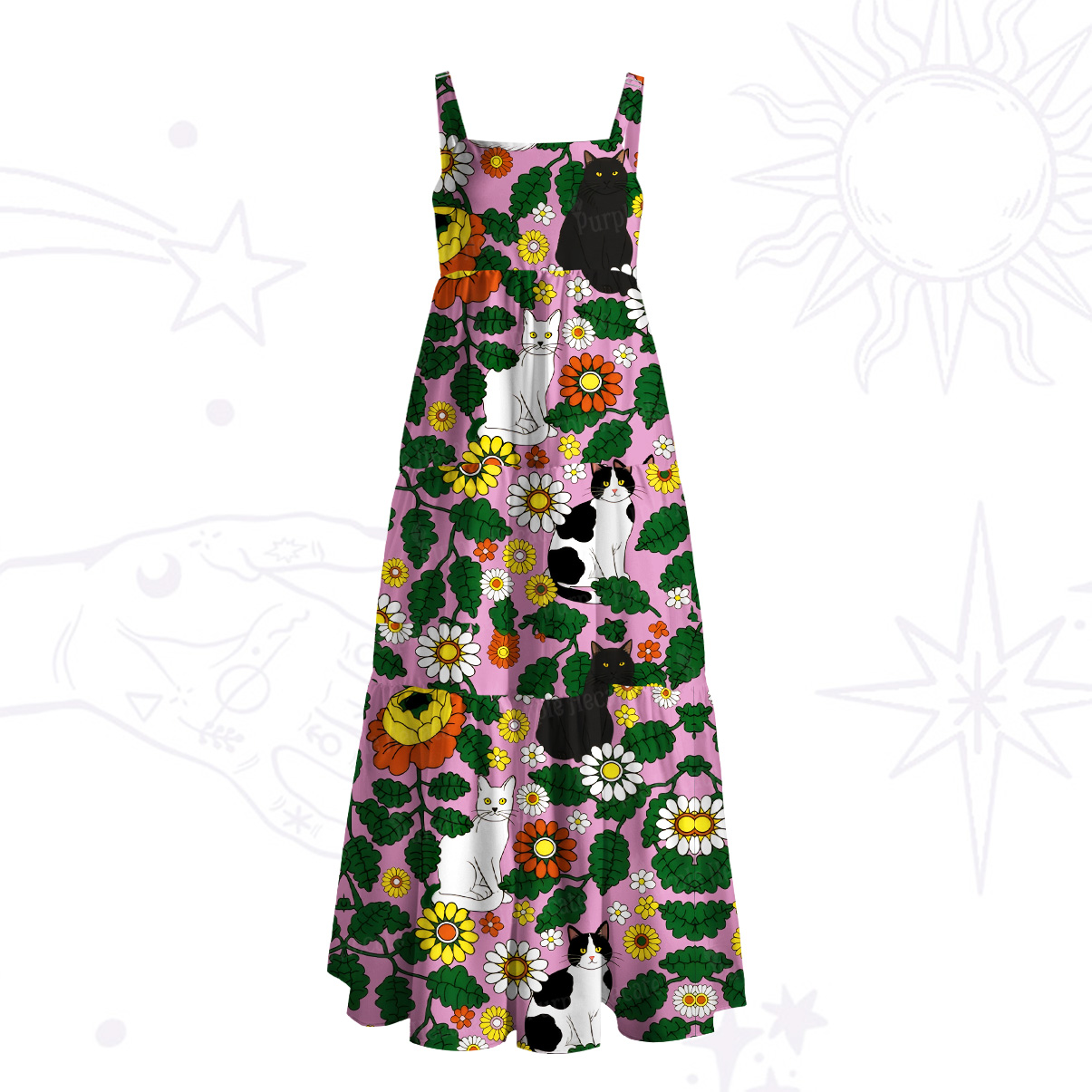 Purplehecate Daisy Cat  Garden Wide Straps Maxi Dress