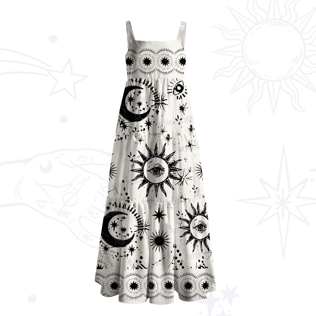 Purplehecate Cosmic Sun Moon Dream Wide Straps Maxi Dress