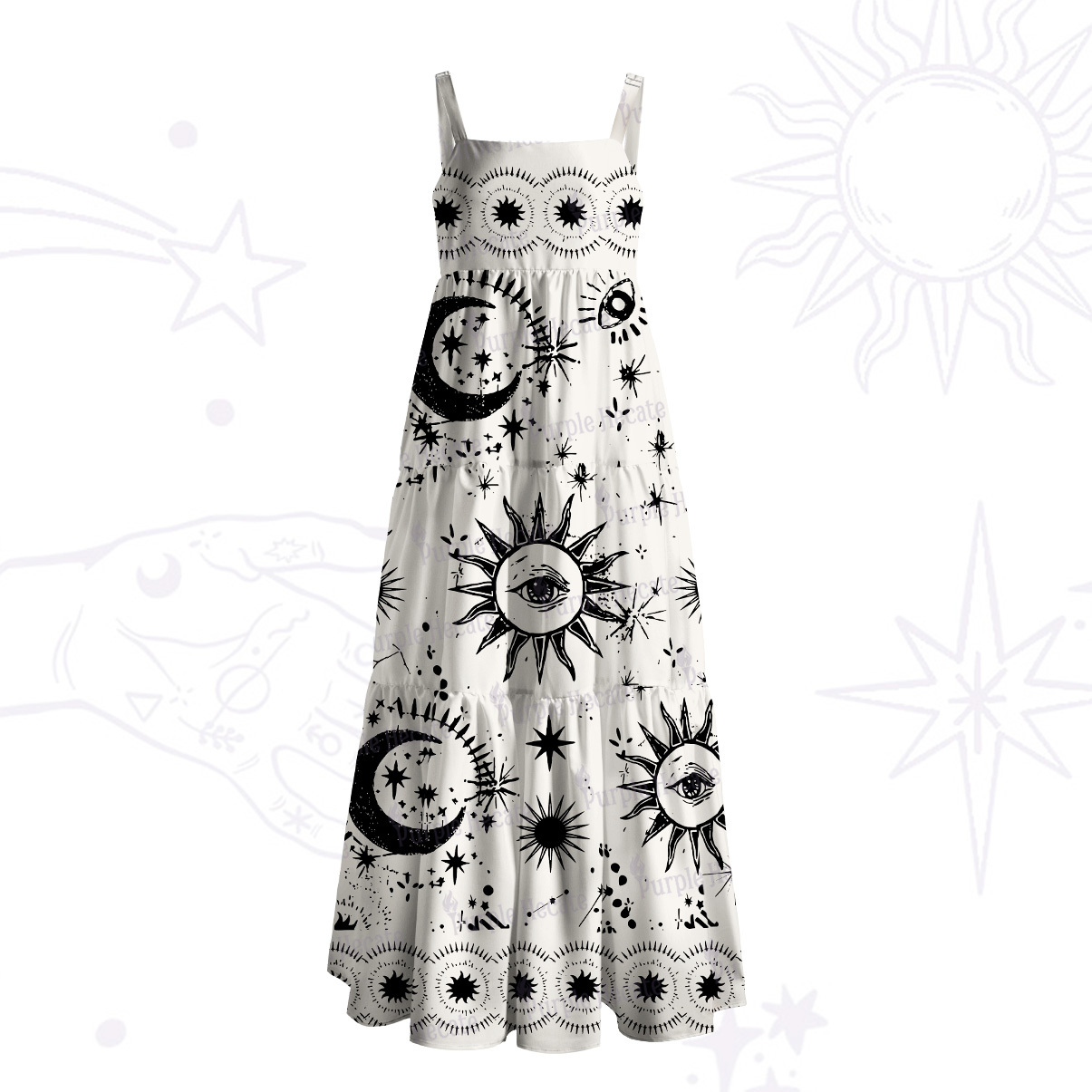 Purplehecate Cosmic Sun Moon Dream Wide Straps Maxi Dress
