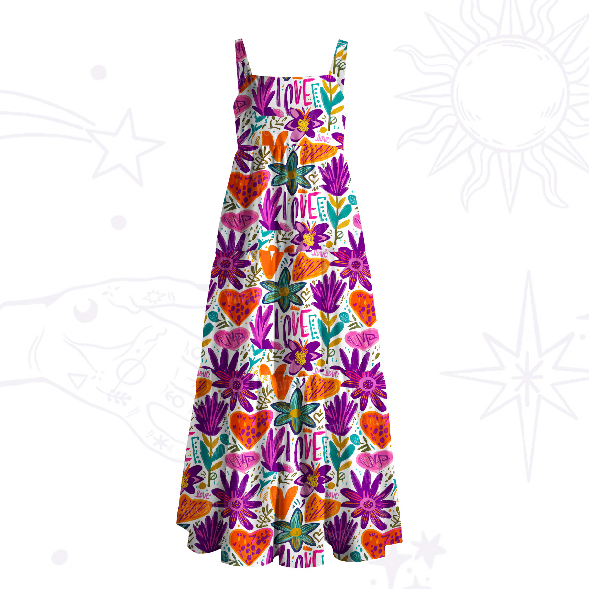 Purplehecate Love Bloom Hand‑Drawn Floral Wide Straps Maxi Dress