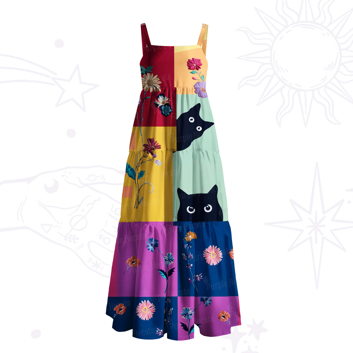 Purplehecate Peekaboo Cat Patchwork Wide Straps Maxi Dress