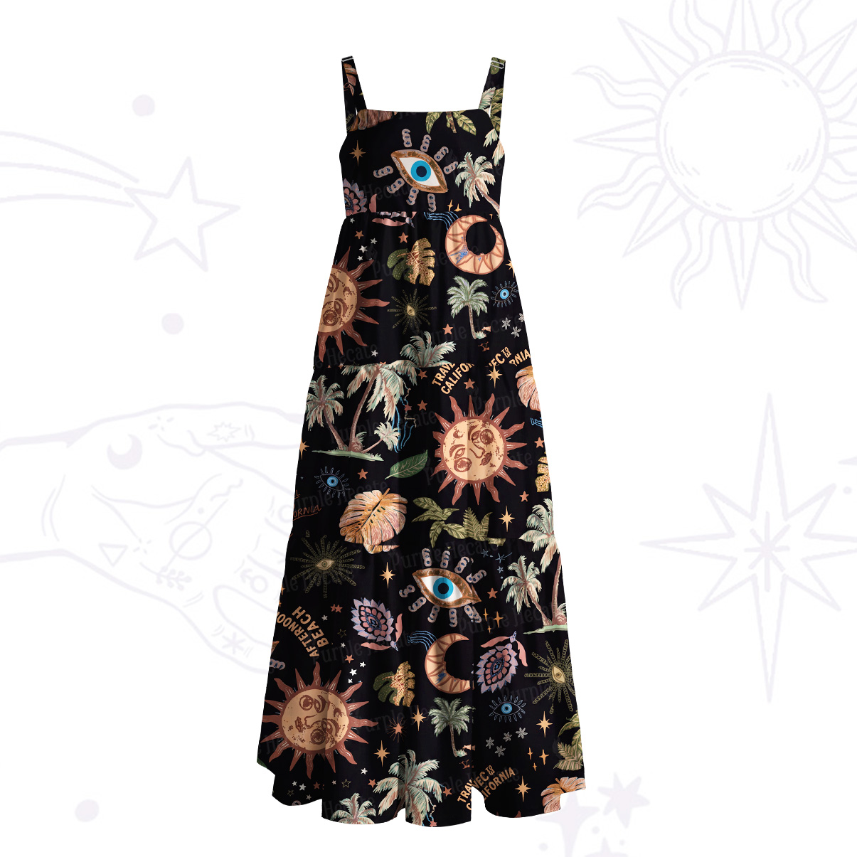 Purplehecate Hippie Mystic Sun & Moon Wide Straps Maxi Dress