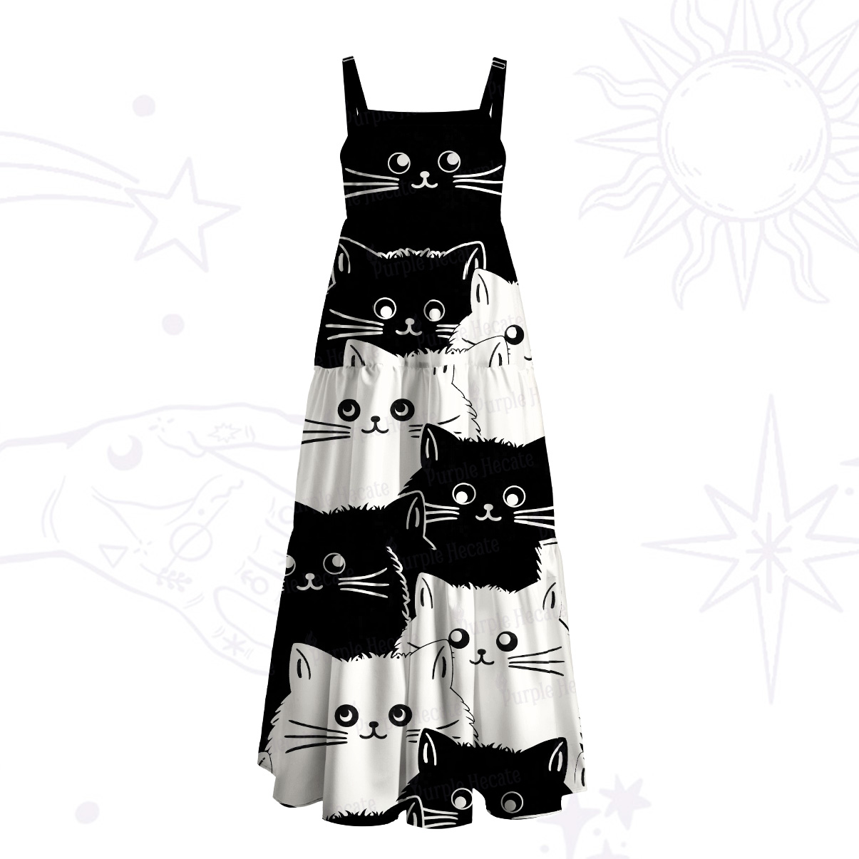 Purplehecate Curious Cats Wide Straps Maxi Dress