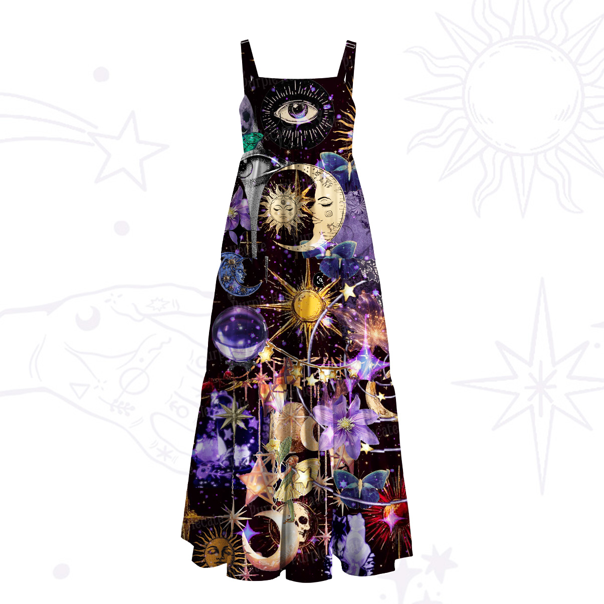 Purplehecate Witchy Galaxy All‑Over Print Wide Straps Maxi Dress
